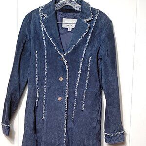 VTG Wilsons Leather Maxima Navy Blue Fringe Trench Coat Womens Medium Y2K 90s